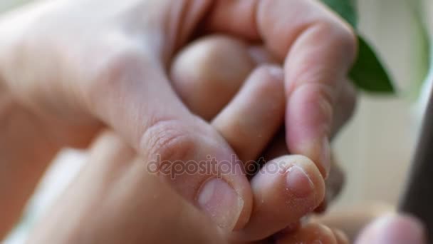 La chica hace una pedicura en casa. Una mujer está pelando sus uñas en sus pies, de cerca — Vídeos de Stock