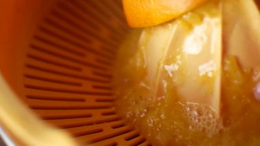 Kız portakal ile bir el juicer gelen suyu sıkar