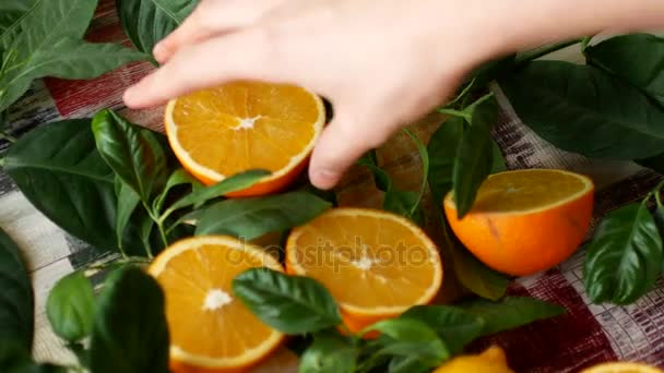 Девушка выбирает апельсины для свежего сока — стоковое видео