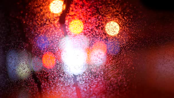 Multicolored lights in blur. Wet automotive glass — Stock Video