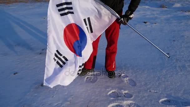 Männlicher Fan mit südkoreanischer Flagge jubelt und unterstützt Sportler. — Stockvideo