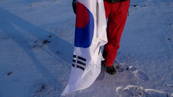 韓国旗と男性ファンが喜ぶし、選手をサポートしています. — ストック動画