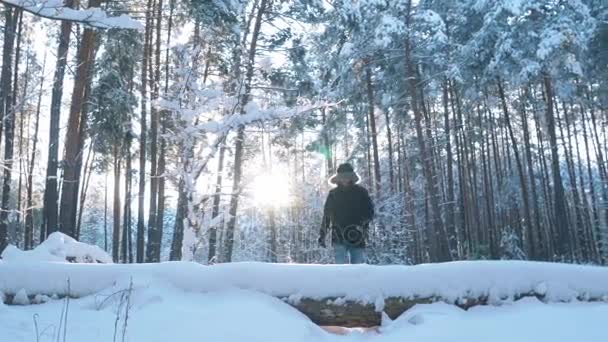 Man Walking in Snowy Winter Park of bos. 4k — Stockvideo