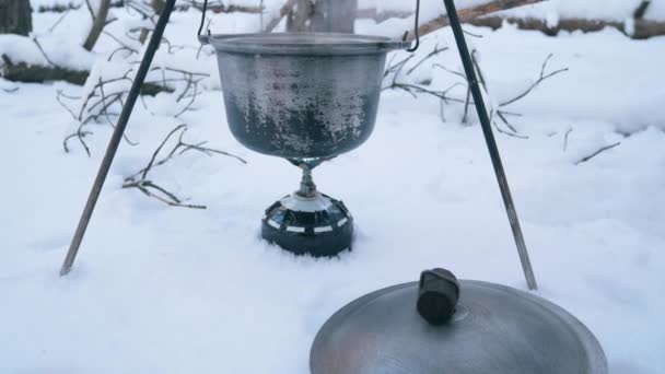 Décryptages Vue de la cuisson des aliments sur un brûleur à gaz touristique portatif dans la forêt. 4K — Video