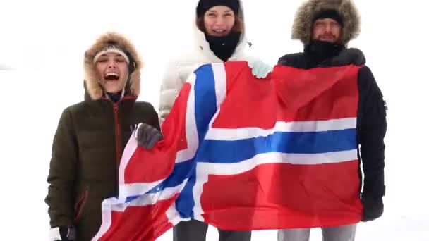 Aficionados noruegos con la bandera nacional gritan y saltan . — Vídeos de Stock