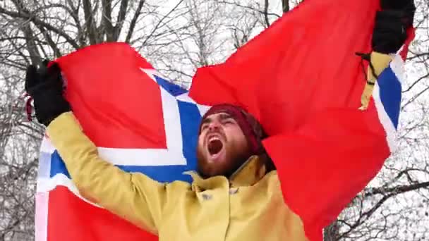 Norwegischer Fan auf dem Hintergrund der Fahne. Winter. — Stockvideo