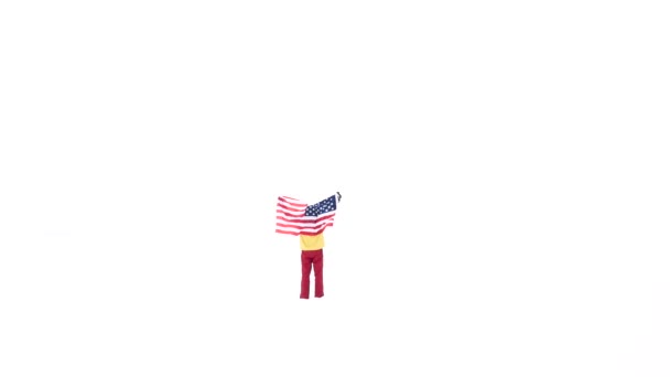 Ο άνθρωπος με τις Ηνωμένες Πολιτείες, σημαία στο πεδίο καλυμμένα με χιόνι. — Αρχείο Βίντεο