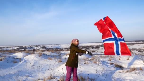 Жінка з прапором Норвегії проти сніг галузі. Підтримки вентилятор — стокове відео