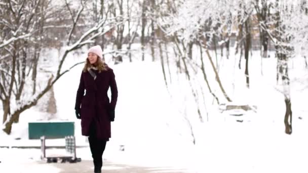 Junge Frau läuft im Winterpark — Stockvideo
