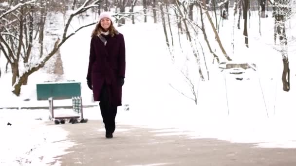 Молодая женщина, гуляющая в зимнем парке — стоковое видео