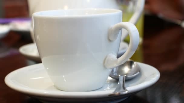 Une tasse blanche est versée dans le thé . — Video