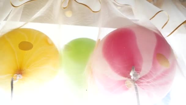 Färg helium ballonger flyger. Festlig ballonger fäst tillsammans — Stockvideo