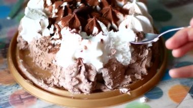 Kek-Ice cream, yakın çekim. Aile kaşıklarla yiyor