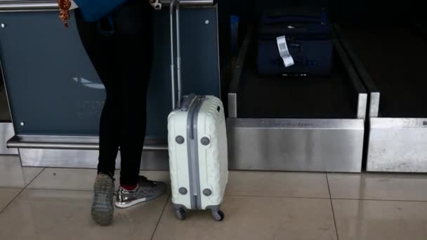 Bliska strzał walizki, Kobieta idzie na podróż — Wideo stockowe