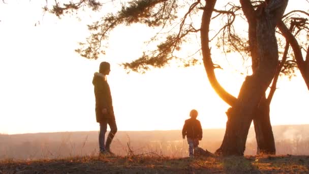 Silhuetas mãe e bebê por do sol — Vídeo de Stock