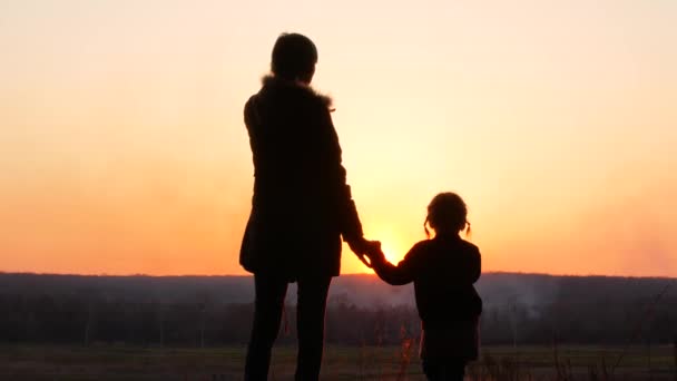 Silhouettes coucher de soleil mère et bébé — Video