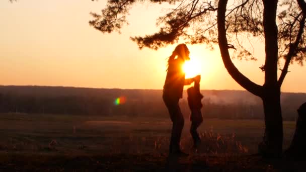 Pai e filha brincando ao pôr do sol — Vídeo de Stock