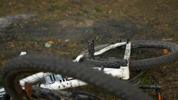 Una bicicleta sucia yace en el suelo en el bosque — Vídeos de Stock