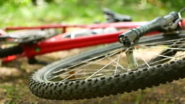 Speichenrad eines umgestürzten Mountainbikes. dreht sich frei Full-HD-Video — Stockvideo