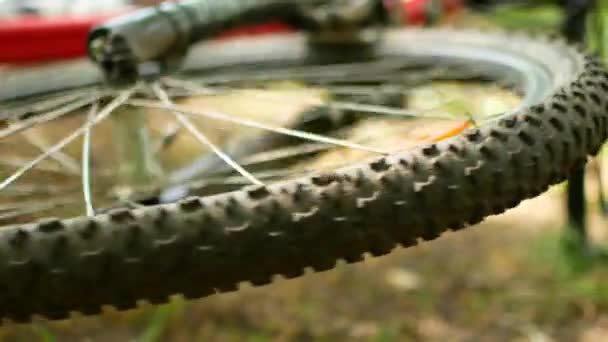 Roda falada de uma bicicleta de montanha virada . — Vídeo de Stock