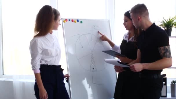 Gruppe junger Manager in der Nähe eines Whiteboards — Stockvideo