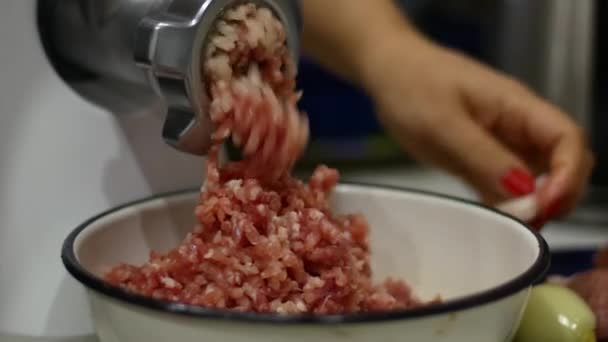 Cooking minced meat in a meat grinder. The meat comes out through many holes. — Stock Video