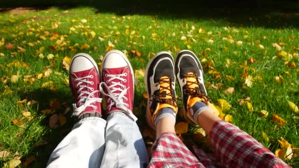 A date in the park. A guy and a girl are sitting on the grass in the sun. We see only their shoes. — ストック動画