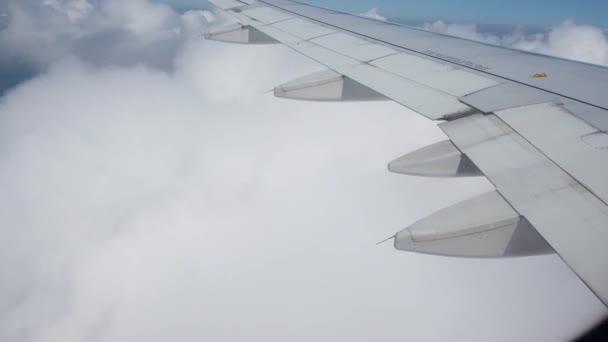 Blick aus dem Flugzeugfenster auf den Flügel und die Wolken. Reisen in andere Länder. — Stockvideo