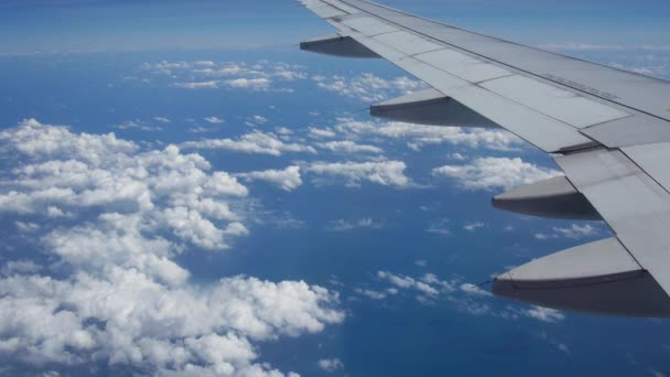 Θέα από το παράθυρο του αεροπλάνου στο φτερό και τα σύννεφα. Ταξίδι σε άλλες χώρες. — Αρχείο Βίντεο