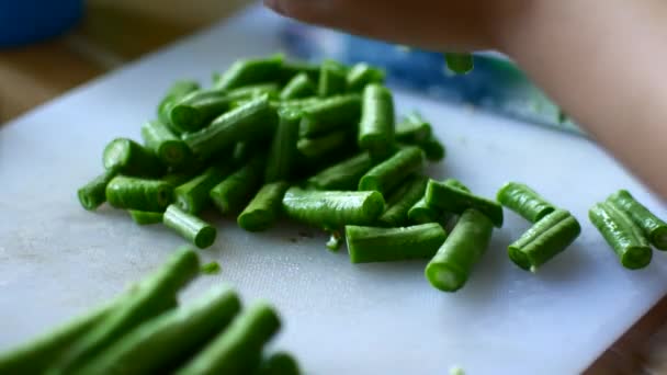 L'enfant aide à cuisiner, coupe un haricot à cordes avec un couteau et le transfère dans la casserole — Video