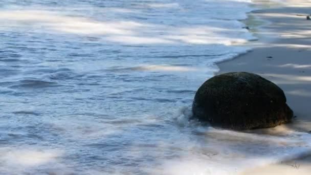 Sahildeki sahil dalgaları. Su kumda yuvarlanıyor. — Stok video