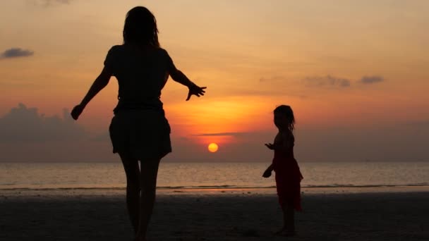 Silhouetten einer glücklichen Familie im Sonnenuntergang. — Stockvideo