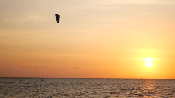 Puesta de sol en el océano, kite surfers paseo en el mar — Vídeo de stock