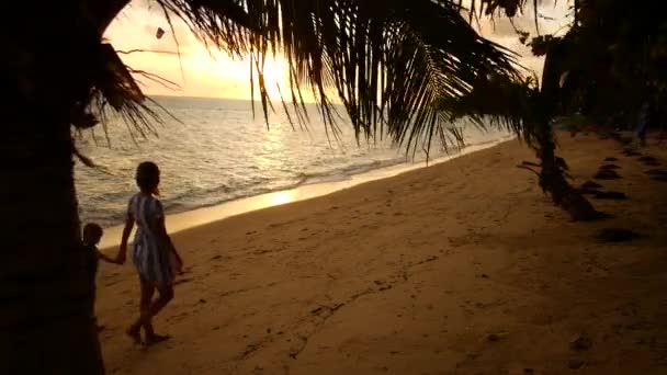 Abendspaziergang am Meer entlang. Vater Mutter und Tochter gehen Händchen haltend — Stockvideo