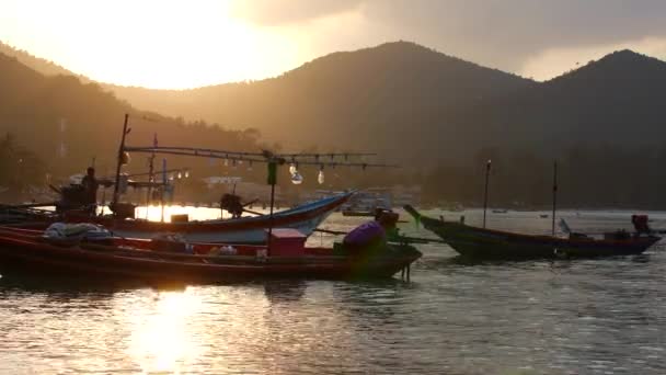 Vissersboot zwaaiend zachtjes op de golven in een gezellige baai — Stockvideo