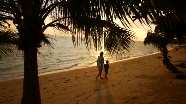 Moeder en dochter lopen bij zonsondergang langs de kust — Stockvideo