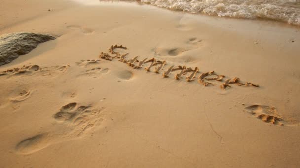 Mots dans le sable près de la mer, vacances d'été et romance — Video