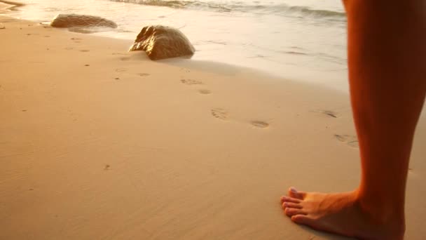 Jambes d'hommes pour une promenade le long du rivage, détente et tranquillité — Video