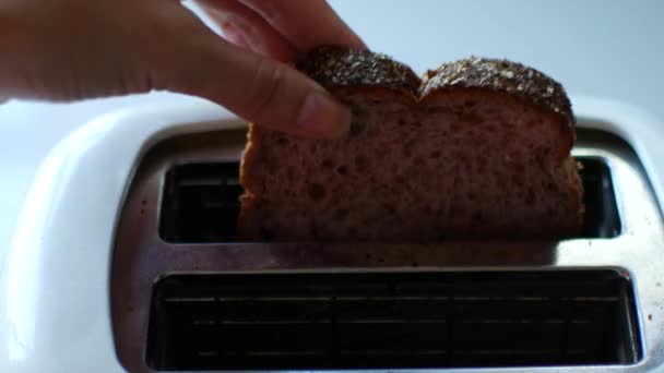 Pieczenie chleba w tosterze, kanapki na śniadanie na kawę — Wideo stockowe