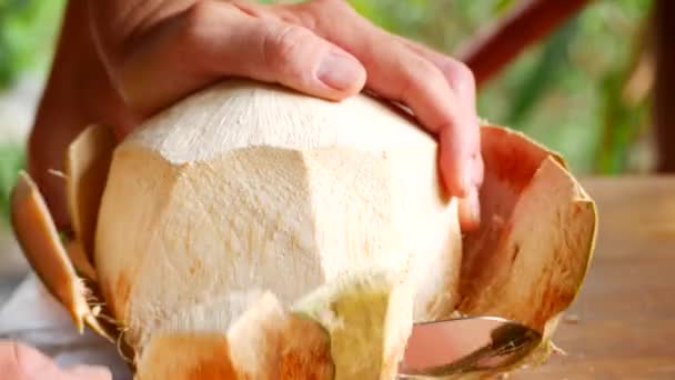 Ein Mann öffnet eine frische Kokosnuss. Nahaufnahme — Stockvideo