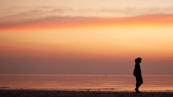 Ett par promenader längs stranden. Solnedgång på havet — Stockvideo