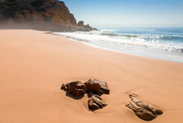 Panorama Vom Atlantischen Ozeanstrand Bei Sonnigem Tag Portugal Algarve Stockbild