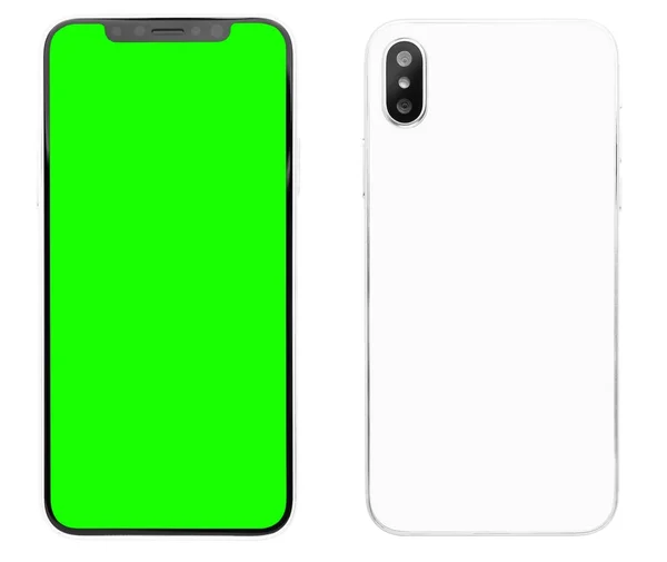 New smart phone device with dual vertical photo camera looks like iphone x isolated on white studio background.Touchscreen mobile phone with green chroma key screen for mobile application logo.New smart phone looking like iphone 10 — Stock Photo, Image