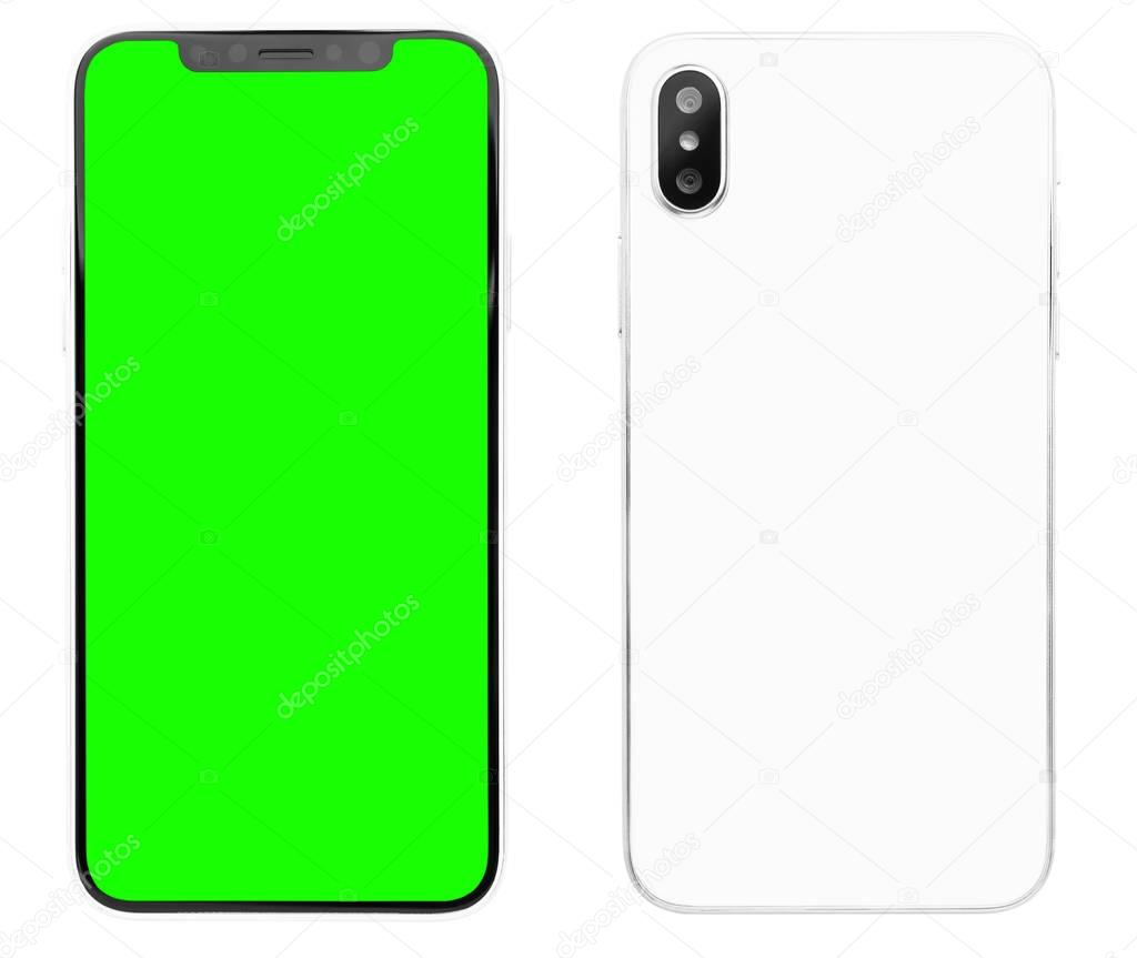 New smart phone device with dual vertical photo camera looks like iphone x isolated on white studio background.Touchscreen mobile phone with green chroma key screen for mobile application logo.New smart phone looking like iphone 10