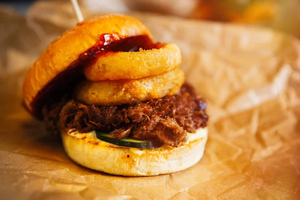 Hamburger in fast food restaurant — Stock Image Hamburger in fast food restaurant Royalty Free Stock Images