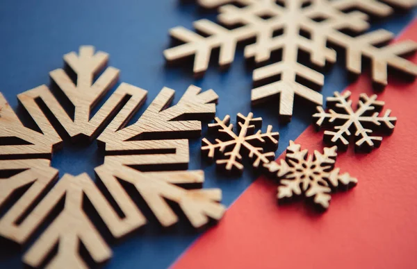 Fiocchi Neve Rustici Fatti Mano Legno Natale Felice Anno Nuovo — Foto Stock