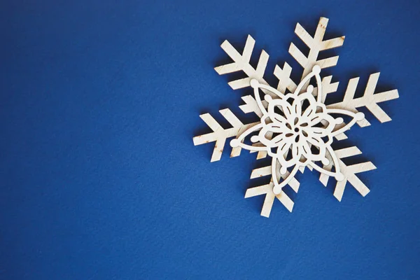 Decorative Wooden Snoflakes Flat Lay Blue Background Christmas Happy New — ストック写真