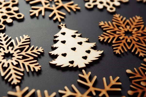 Winter holidays background with handmade wooden elements — 스톡 사진