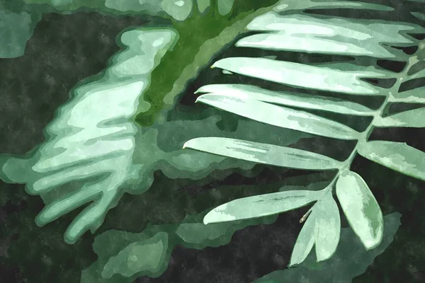 带有绿色植物园植物的水彩画插图 生长在热带环境中的异国植物 背景设计用水彩画的绿叶 — 图库照片