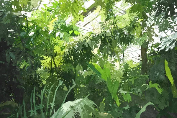 Yeşil Botanik Bahçesi Bitkileriyle Suluboya Resimleri Tropiklerde Ekilen Büyüyen Egzotik — Stok fotoğraf